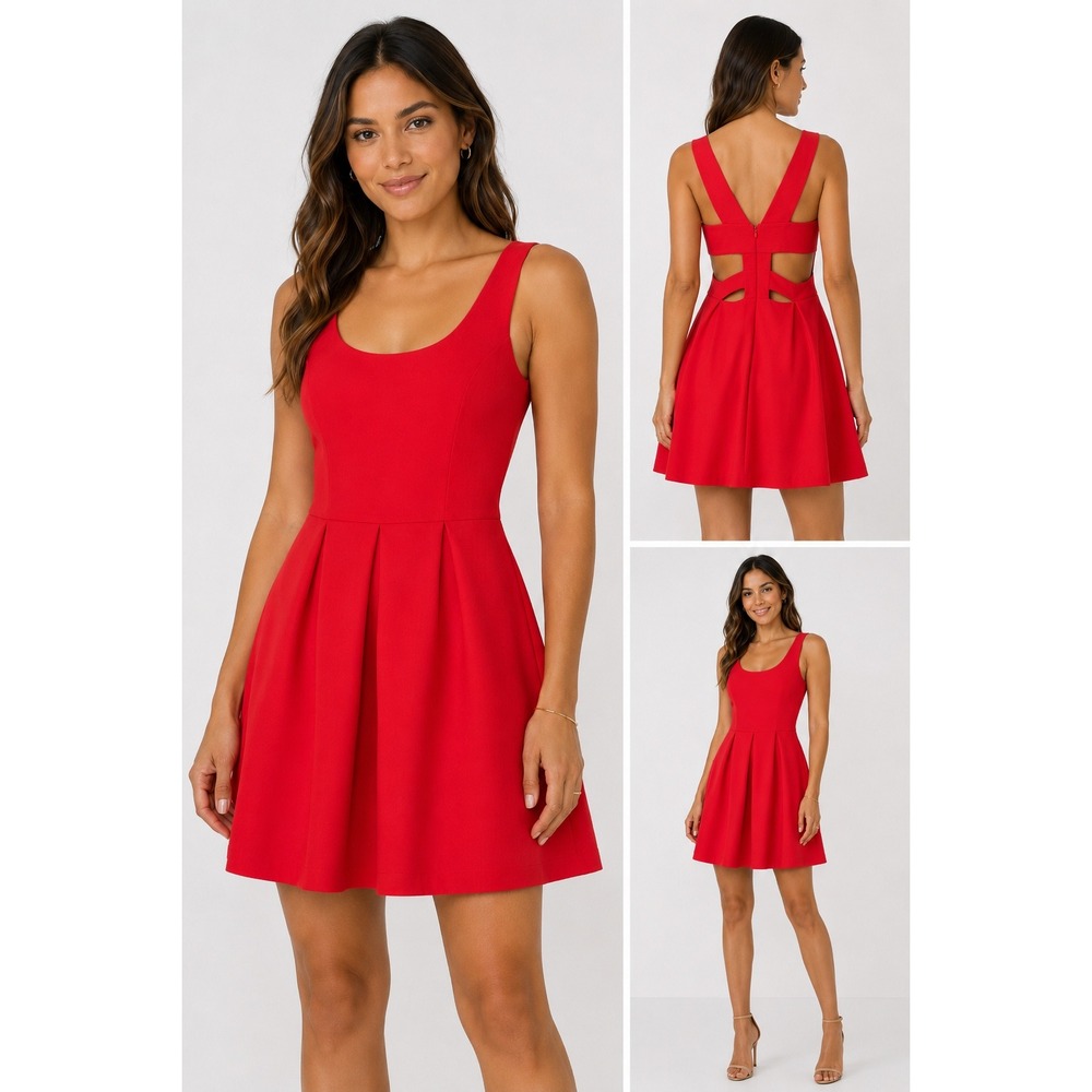 Adelyn Rae Red Sleeveless Cutout Cage Back Pleated Fit Flare Dress Medium